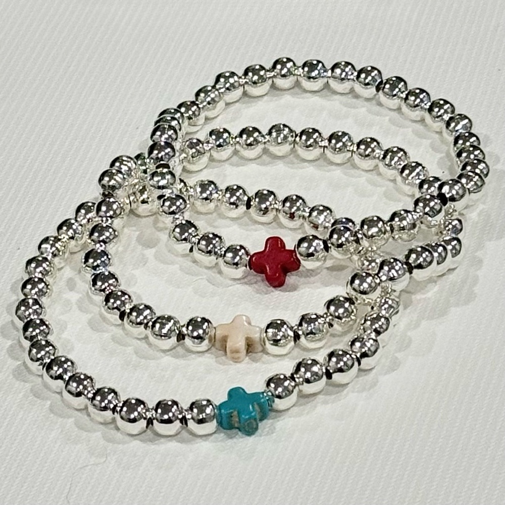 Hand Crafted White Turquoise Cross and Sterling Silver 6mm Bead Bracelet